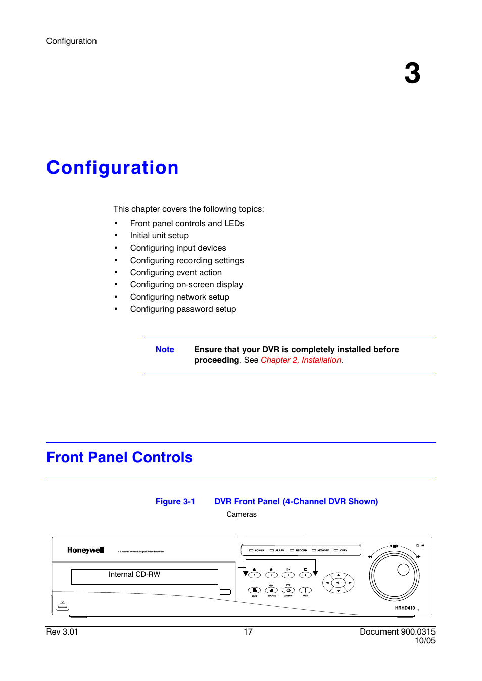 Configuration 3, Front panel controls, Configuration | Figure 3-1, Dvr front panel (4-channel dvr shown), Chapter 3, configuration, 5 vac and 1 a for 30 vdc. see, Your dvr is now ready to operate. see | Honeywell HRHD 410 User Manual | Page 35 / 126