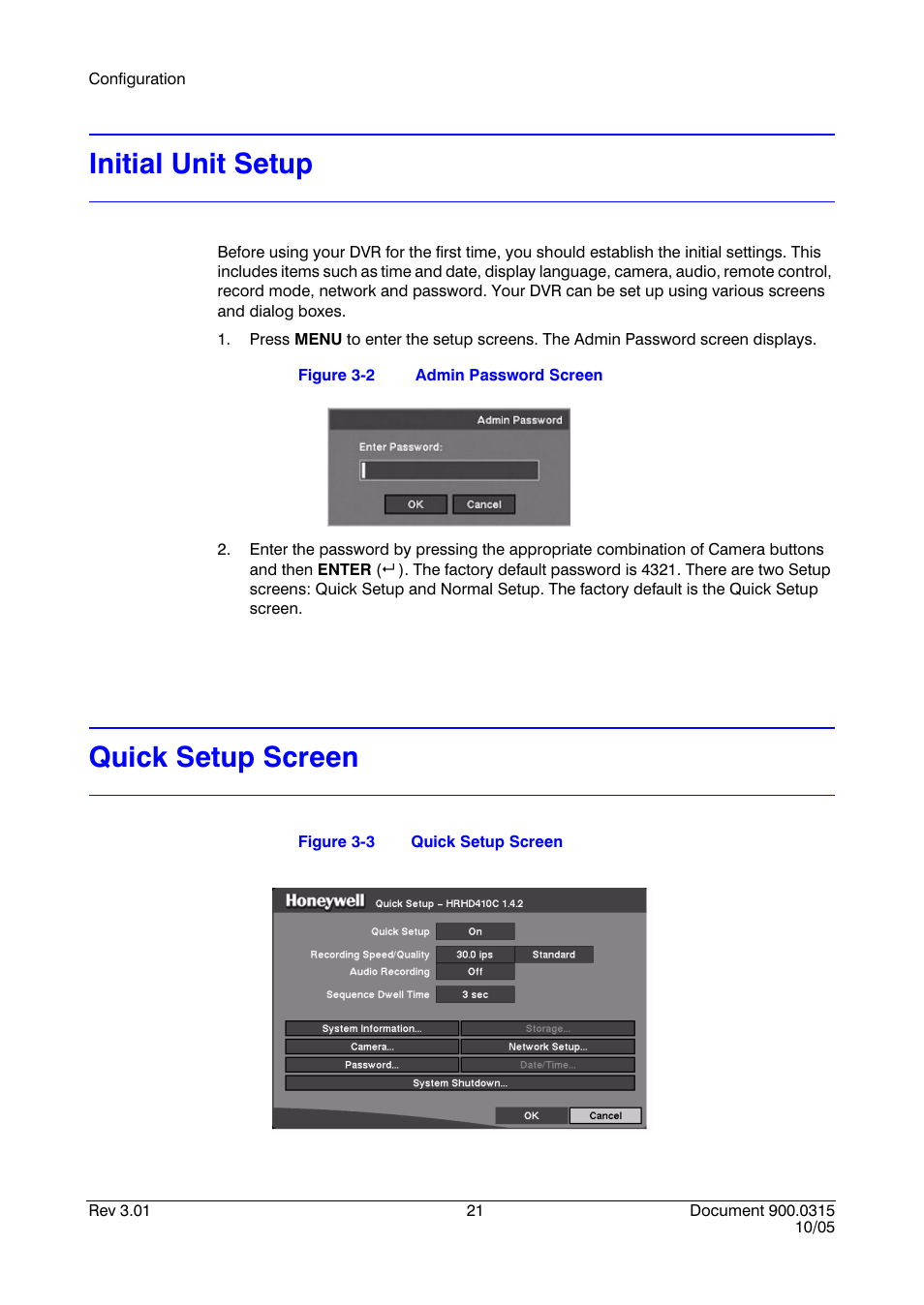 Initial unit setup, Quick setup screen, Initial unit setup quick setup screen | Figure 3-2, Admin password screen, Figure 3-3 | Honeywell HRHD 410 User Manual | Page 39 / 126