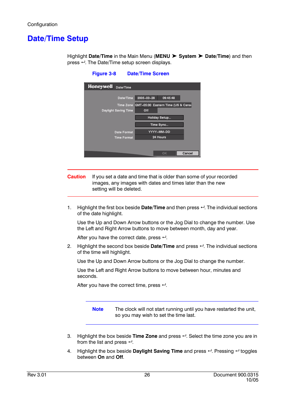 Date/time setup, Figure 3-8, Date/time screen | Honeywell HRHD 410 User Manual | Page 44 / 126
