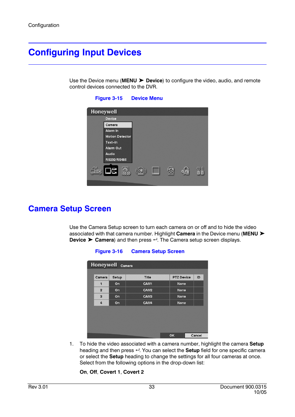Configuring input devices, Camera setup screen, Figure 3-15 | Device menu, Figure 3-16 | Honeywell HRHD 410 User Manual | Page 51 / 126