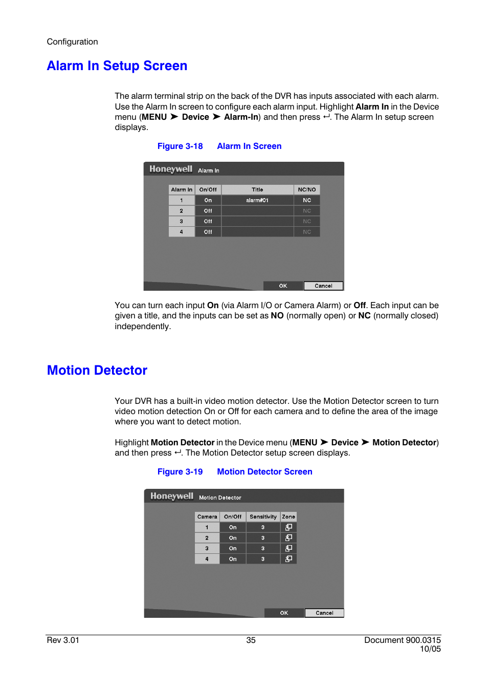 Alarm in setup screen, Motion detector, Alarm in setup screen motion detector | Figure 3-18, Alarm in screen, Figure 3-19, Motion detector screen | Honeywell HRHD 410 User Manual | Page 53 / 126