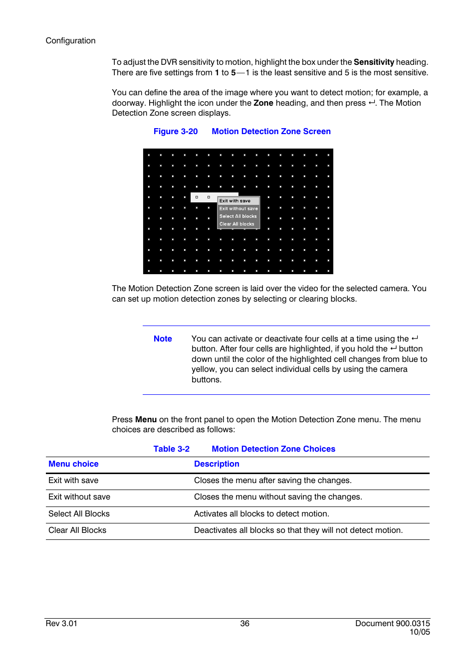 Figure 3-20, Motion detection zone screen, Table 3-2 | Motion detection zone choices | Honeywell HRHD 410 User Manual | Page 54 / 126