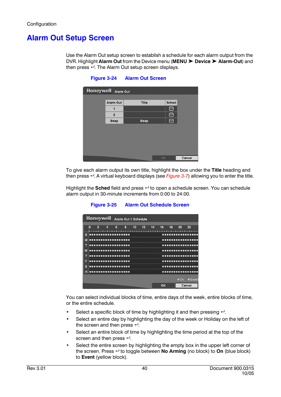 Alarm out setup screen, Figure 3-24, Alarm out screen | Figure 3-25, Alarm out schedule screen | Honeywell HRHD 410 User Manual | Page 58 / 126