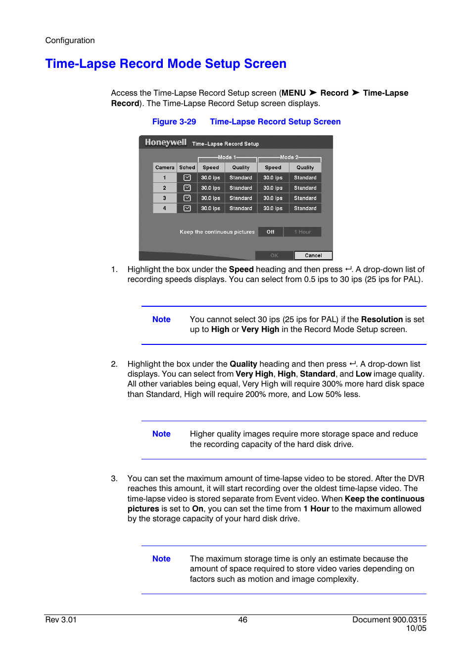 Time-lapse record mode setup screen, Figure 3-29, Time-lapse record setup screen | Honeywell HRHD 410 User Manual | Page 64 / 126