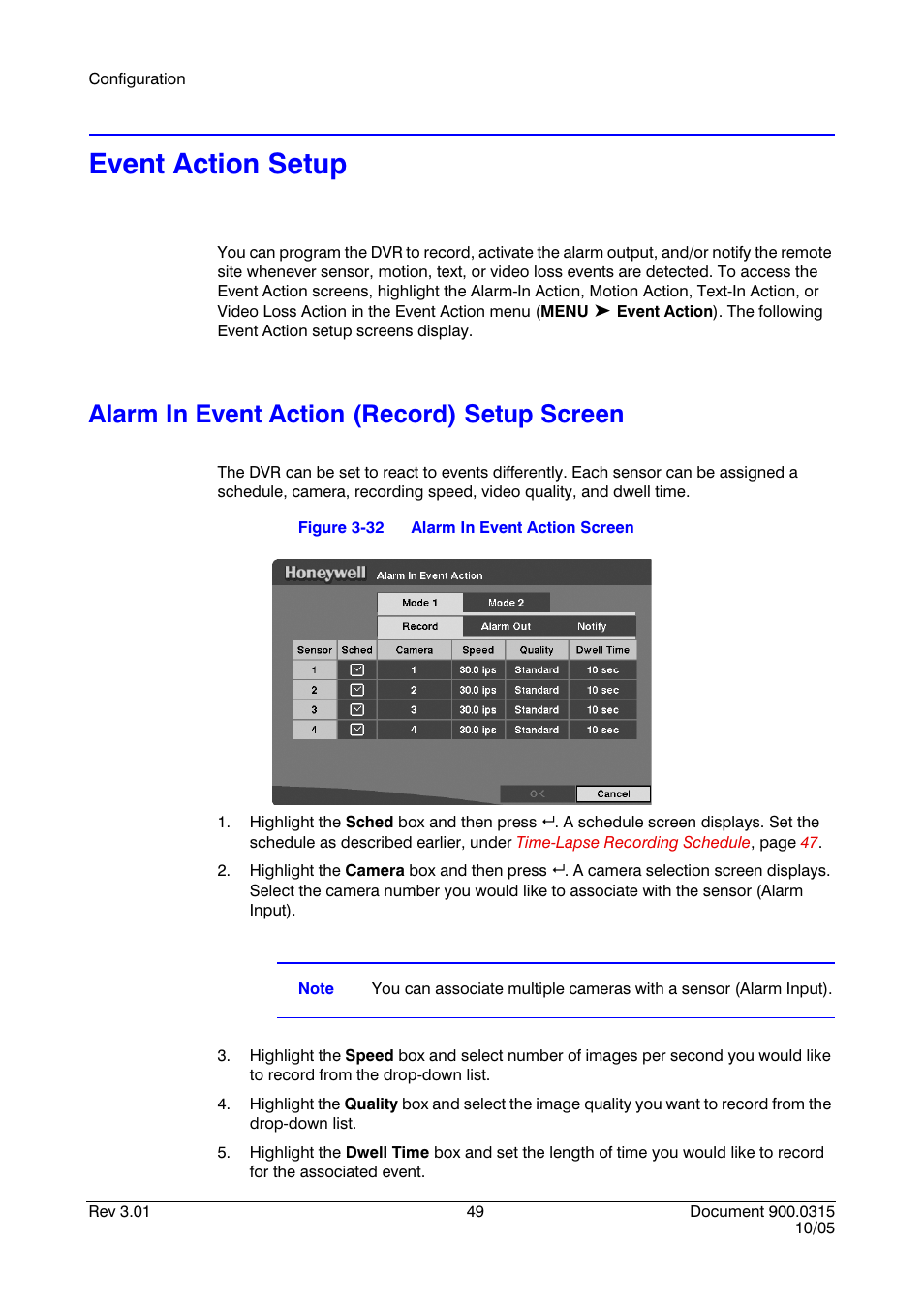 Event action setup, Alarm in event action (record) setup screen, Figure 3-32 | Alarm in event action screen | Honeywell HRHD 410 User Manual | Page 67 / 126