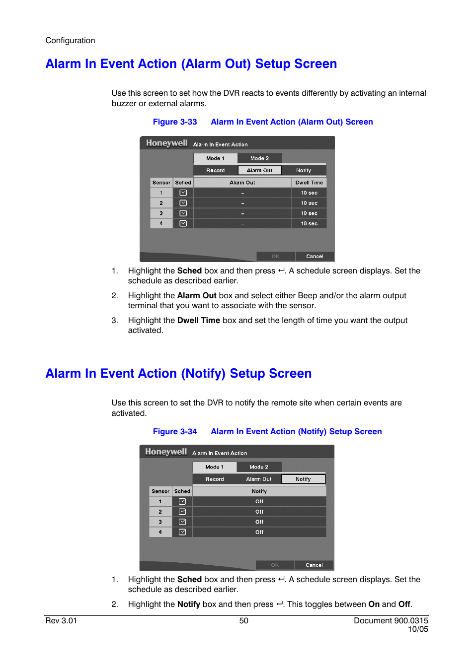 Alarm in event action (alarm out) setup screen, Alarm in event action (notify) setup screen, Figure 3-33 | Alarm in event action (alarm out) screen, Figure 3-34 | Honeywell HRHD 410 User Manual | Page 68 / 126