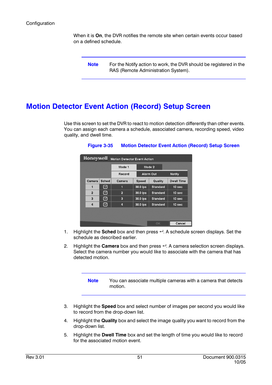 Motion detector event action (record) setup screen, Figure 3-35 | Honeywell HRHD 410 User Manual | Page 69 / 126
