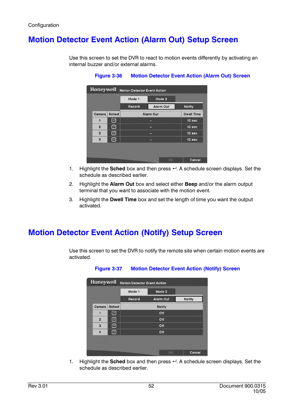 Motion detector event action (notify) setup screen, Figure 3-36, Motion detector event action (alarm out) screen | Figure 3-37, Motion detector event action (notify) screen | Honeywell HRHD 410 User Manual | Page 70 / 126