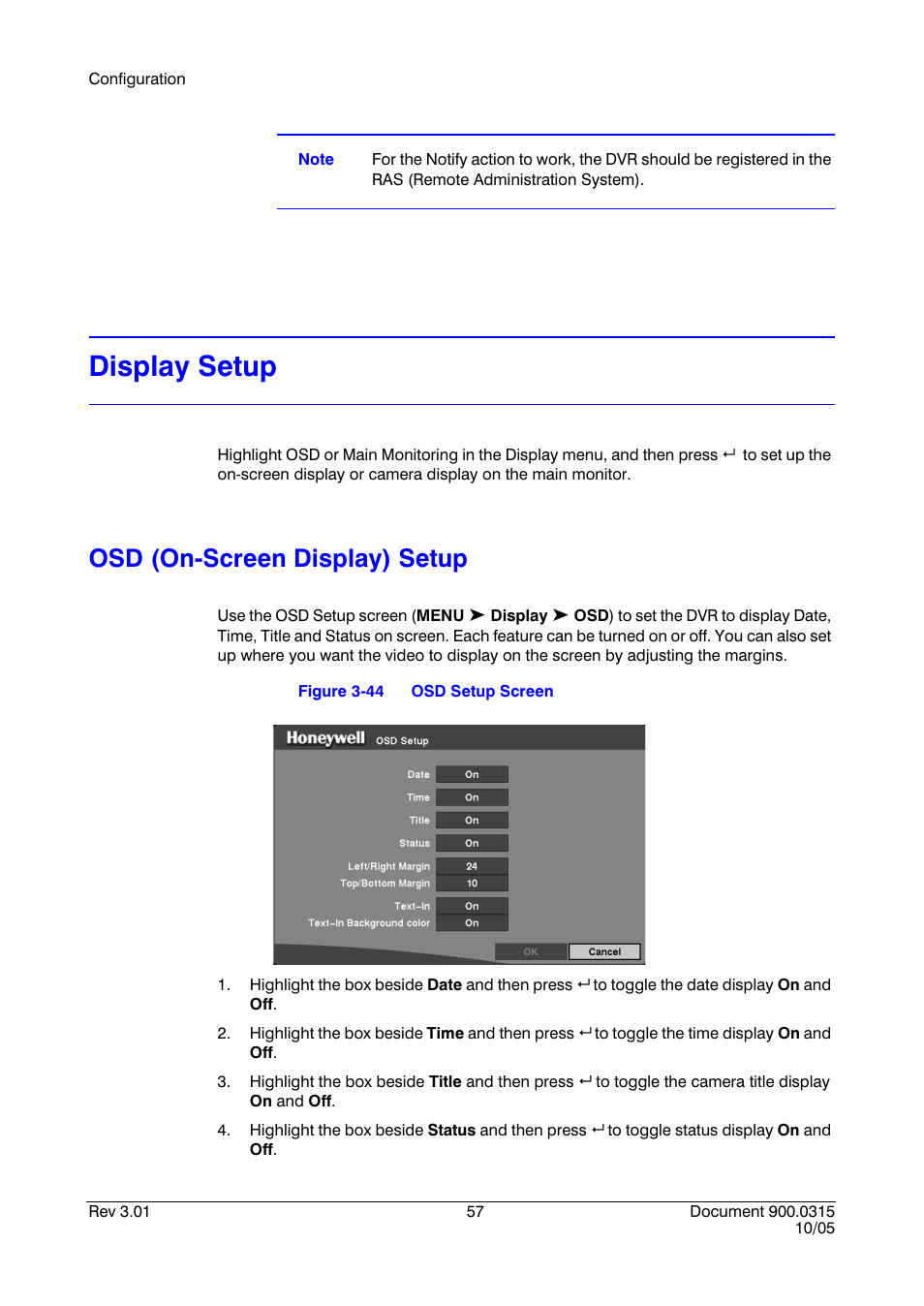 Display setup, Osd (on-screen display) setup, Figure 3-44 | Osd setup screen | Honeywell HRHD 410 User Manual | Page 75 / 126