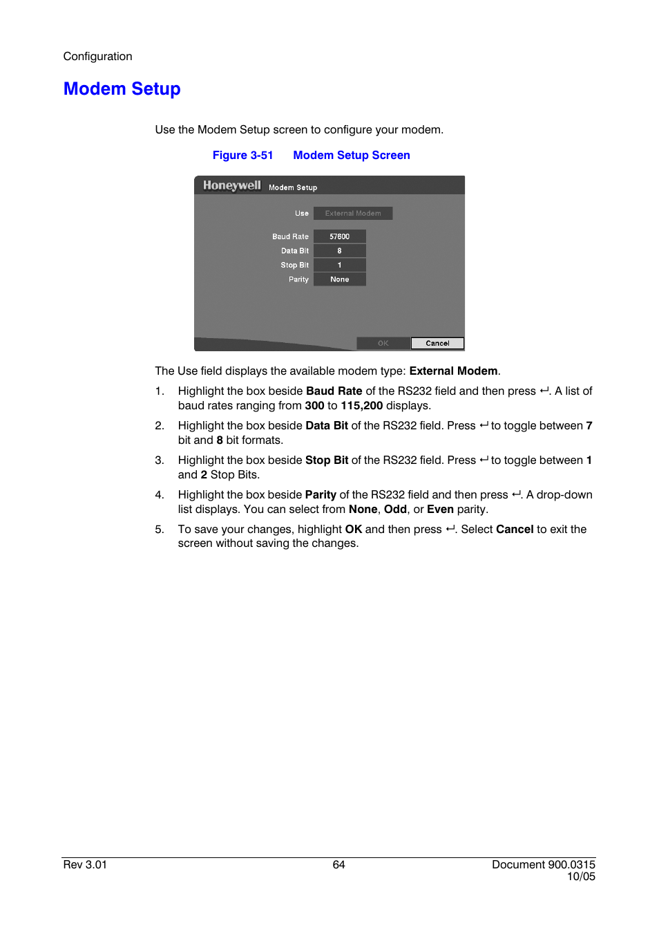 Modem setup, Figure 3-51, Modem setup screen | For details on | Honeywell HRHD 410 User Manual | Page 82 / 126