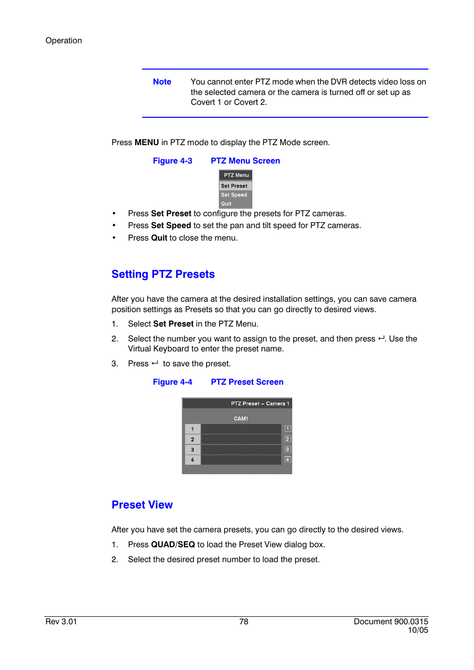 Figure 4-3, Ptz menu screen, Figure 4-4 | Ptz preset screen, Setting ptz presets, Preset view | Honeywell HRHD 410 User Manual | Page 96 / 126