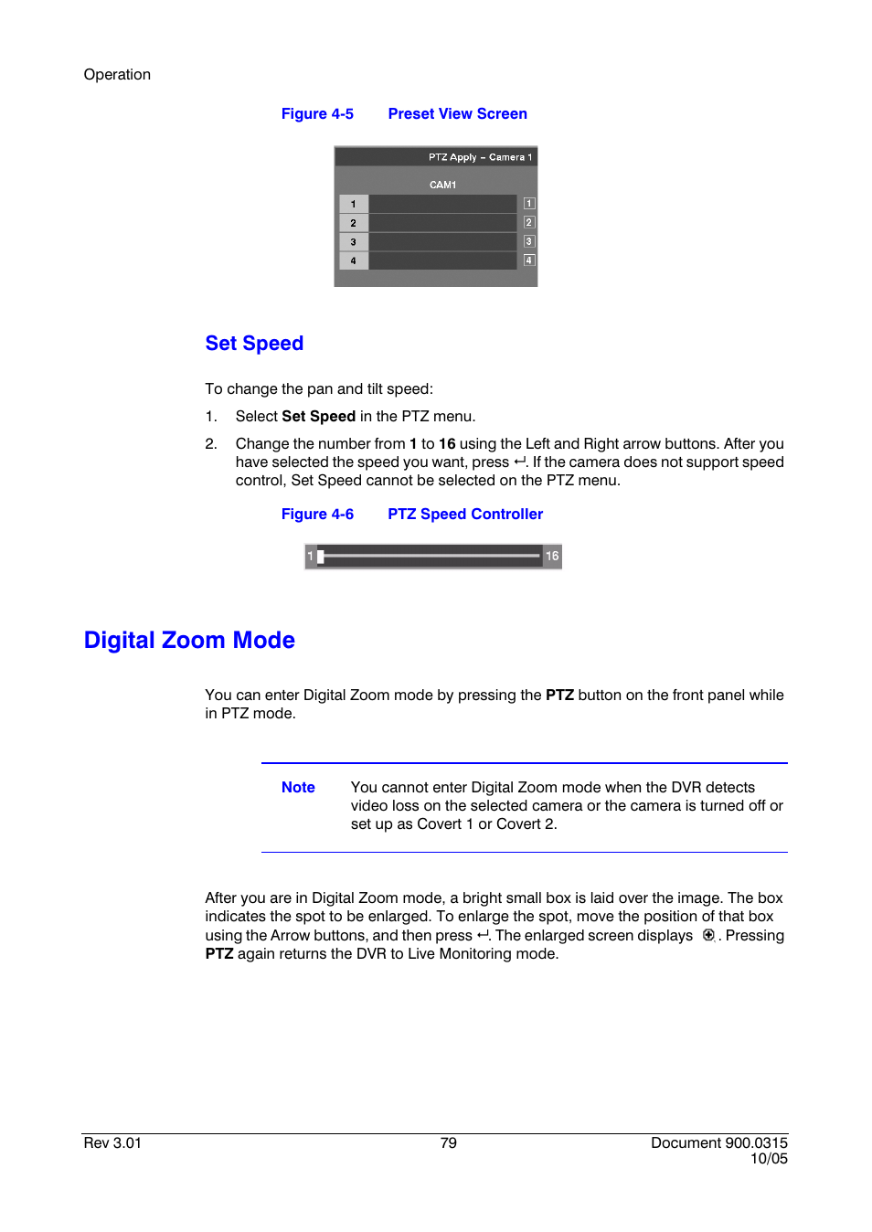 Digital zoom mode, Figure 4-5, Preset view screen | Figure 4-6, Ptz speed controller, Set speed | Honeywell HRHD 410 User Manual | Page 97 / 126