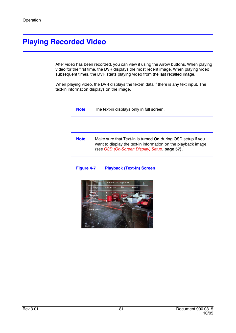 Playing recorded video, Figure 4-7, Playback (text-in) screen | Honeywell HRHD 410 User Manual | Page 99 / 126