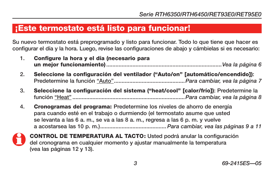 Este termostato está listo para funcionar | Honeywell RTH6350 User Manual | Page 33 / 56