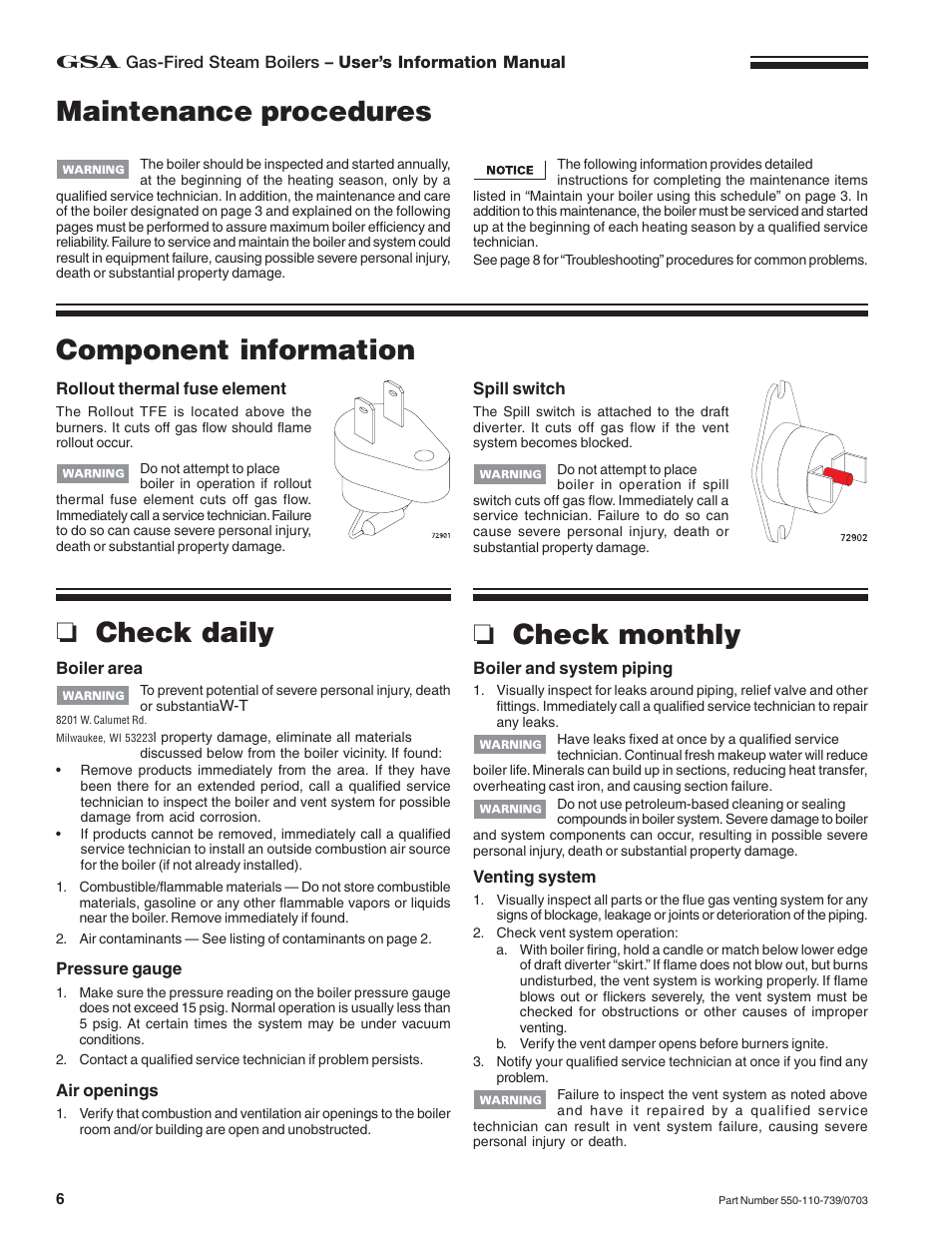 Maintenance procedures, Component information, Check monthly | Check daily | Honeywell RVGP User Manual | Page 6 / 8