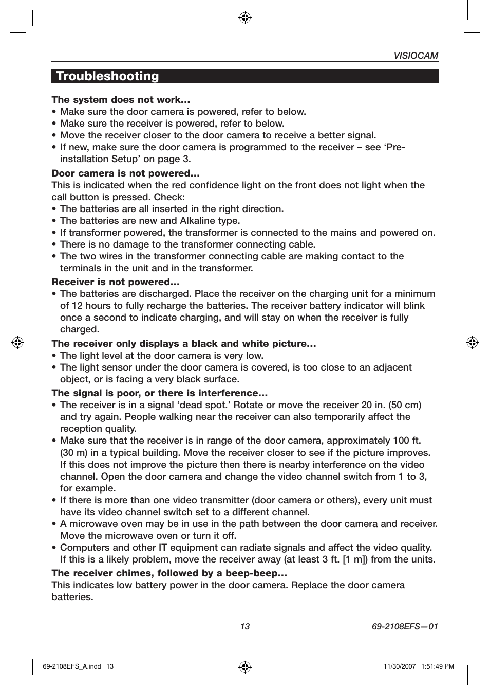 Troubleshooting | Honeywell VISIOCAM RPWL800A User Manual | Page 15 / 56