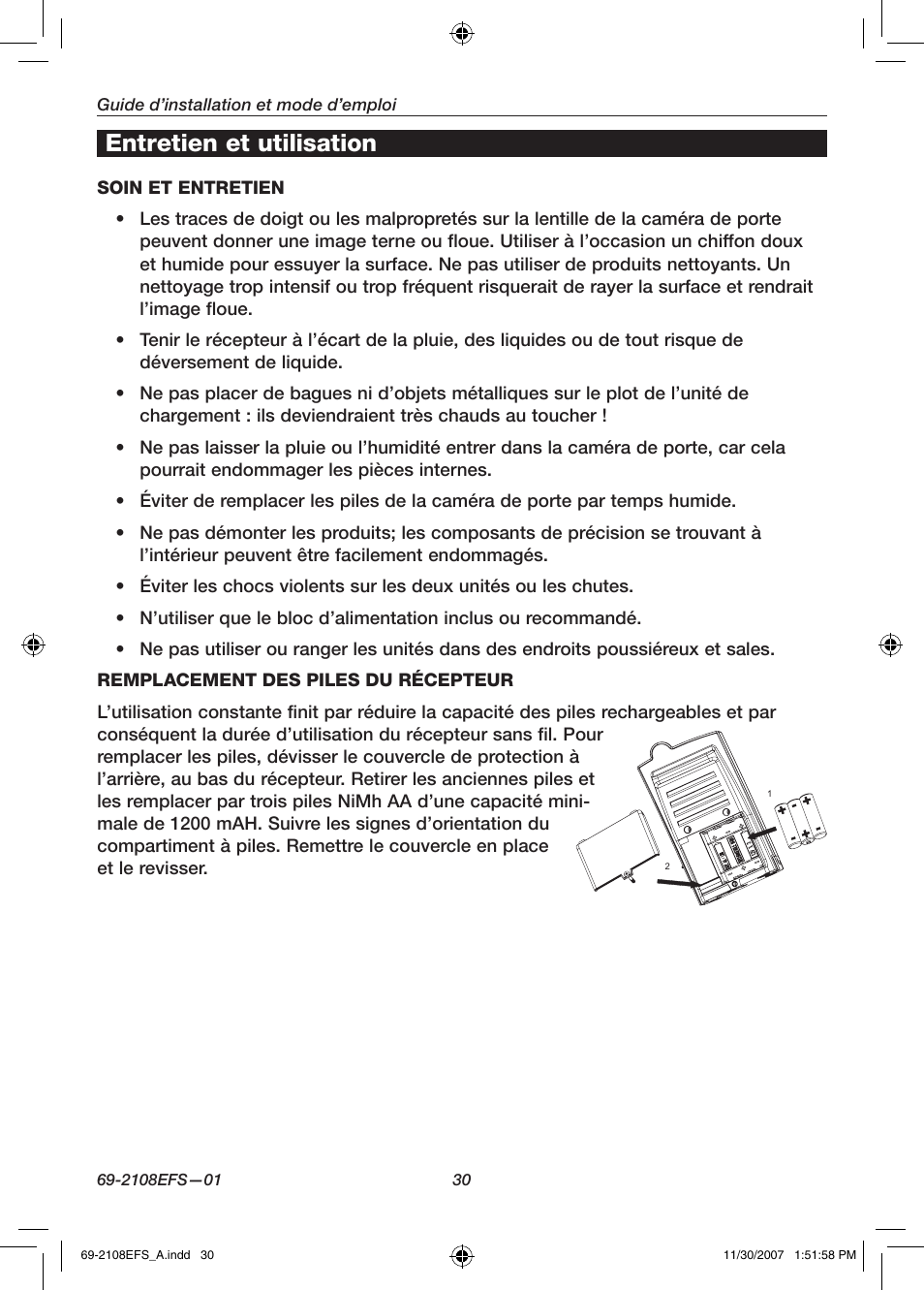 Entretien et utilisation | Honeywell VISIOCAM RPWL800A User Manual | Page 32 / 56