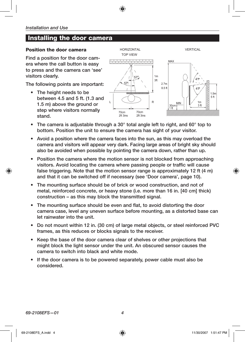 Installing the door camera | Honeywell VISIOCAM RPWL800A User Manual | Page 6 / 56