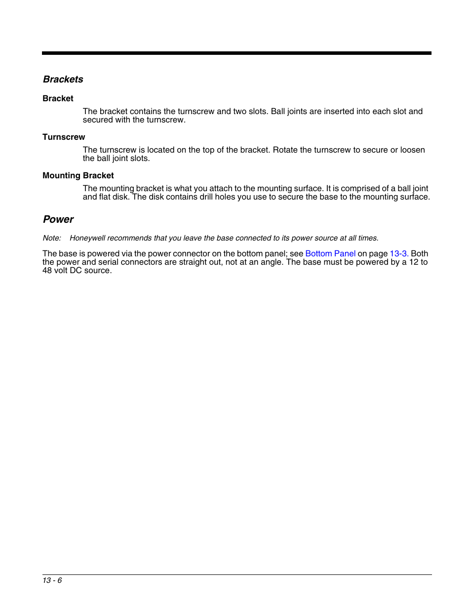 Brackets, Power, Power -6 | For more information about powering the base, see | Honeywell DOLPHIN 9700 User Manual | Page 122 / 142