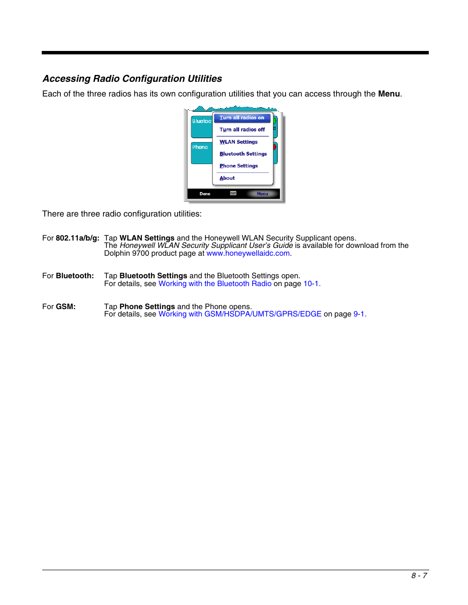 Accessing radio configuration utilities, Accessing radio configuration utilities -7 | Honeywell DOLPHIN 9700 User Manual | Page 79 / 142