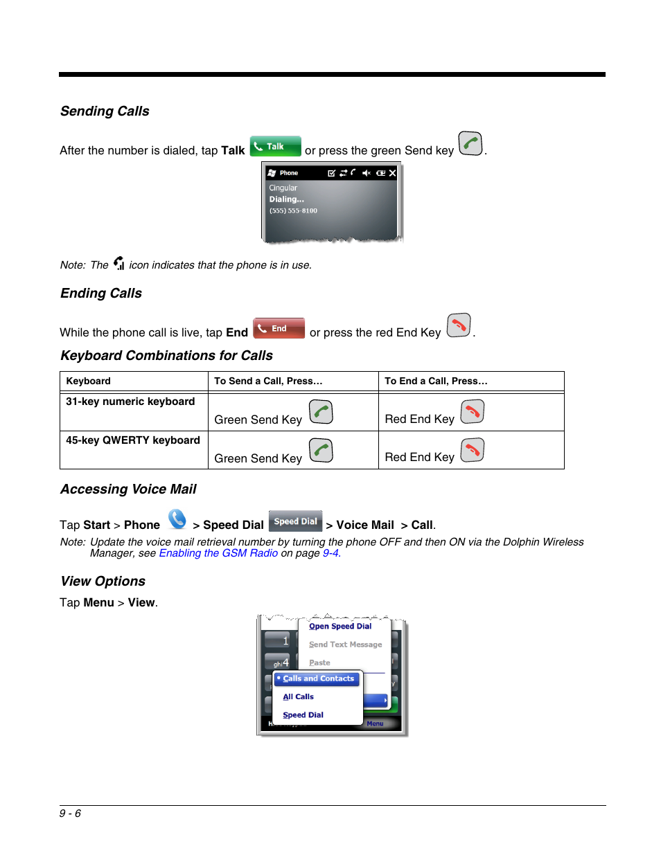 Sending calls, Ending calls, Keyboard combinations for calls | Accessing voice mail, View options | Honeywell DOLPHIN 9700 User Manual | Page 90 / 142