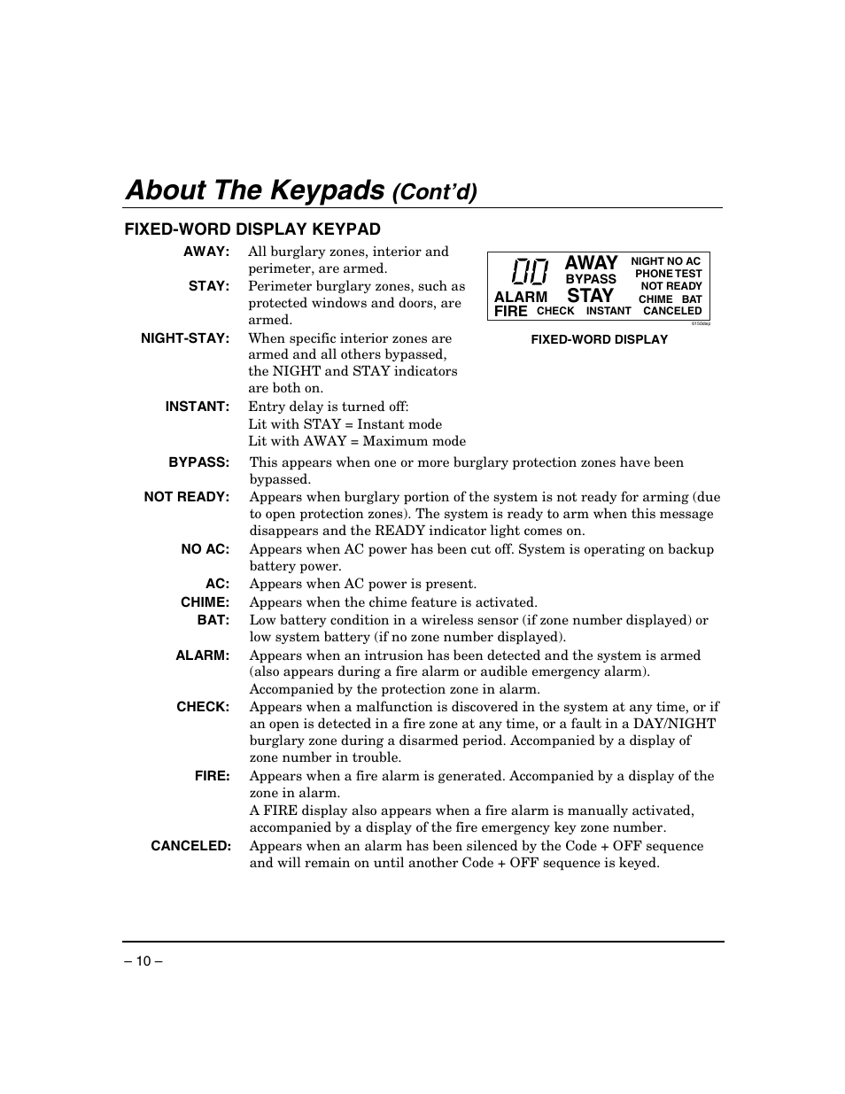 About the keypads, Cont’d), Away | Stay | Honeywell ADEMCO VISTA VISTA-20PSIA User Manual | Page 10 / 64