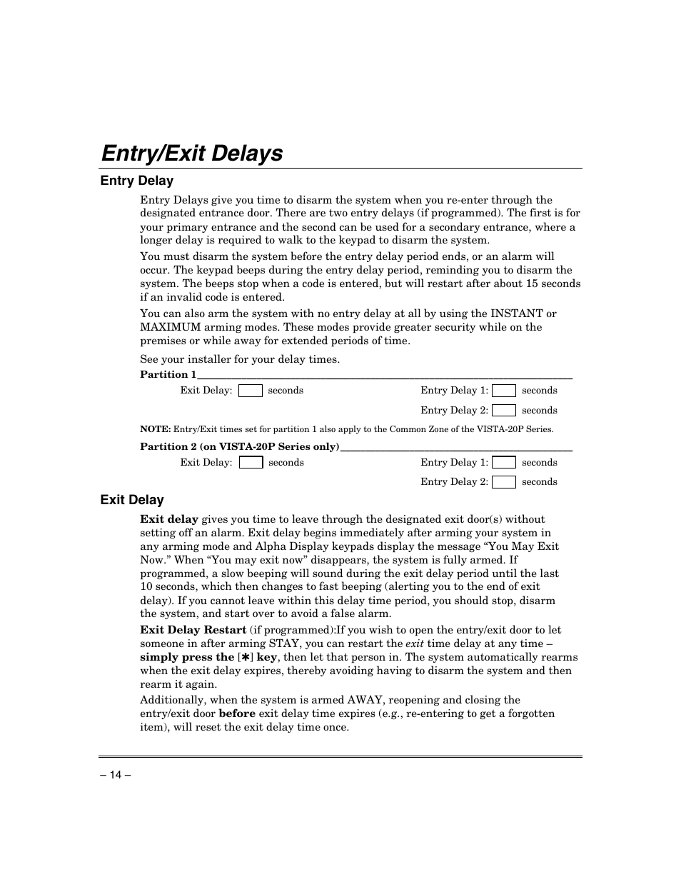 Entry/exit delays, Entry delay, Exit delay | Honeywell ADEMCO VISTA VISTA-20PSIA User Manual | Page 14 / 64