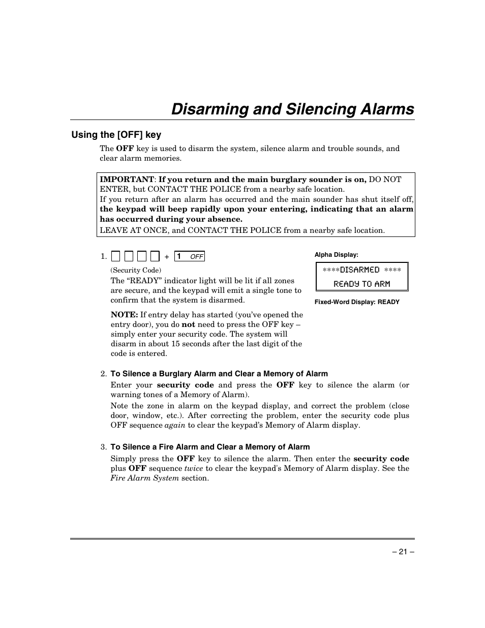 Disarming and silencing alarms | Honeywell ADEMCO VISTA VISTA-20PSIA User Manual | Page 21 / 64