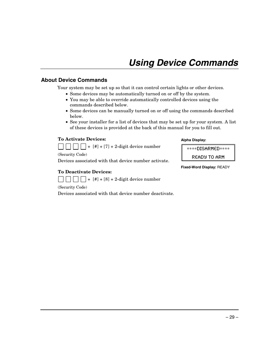 Using device commands | Honeywell ADEMCO VISTA VISTA-20PSIA User Manual | Page 29 / 64