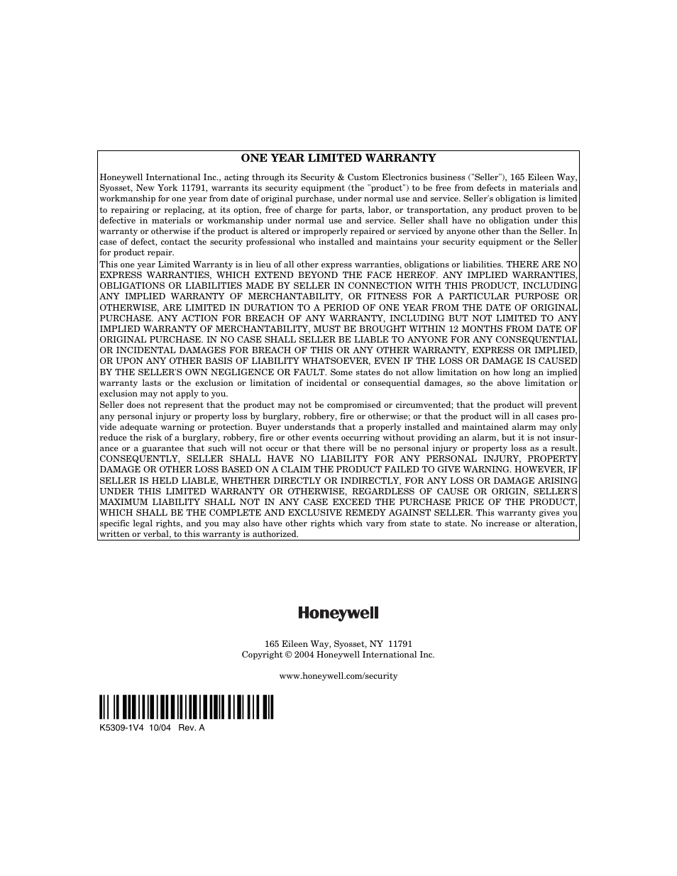 Honeywell ADEMCO VISTA VISTA-20PSIA User Manual | Page 64 / 64