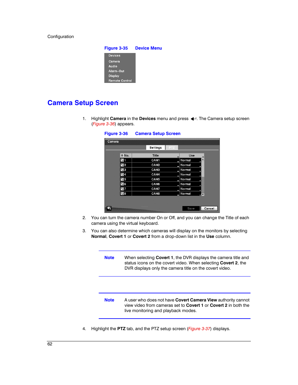 Camera setup screen, Figure 3-35, Device menu | Figure 3-36 | Honeywell HRXD9 User Manual | Page 62 / 156