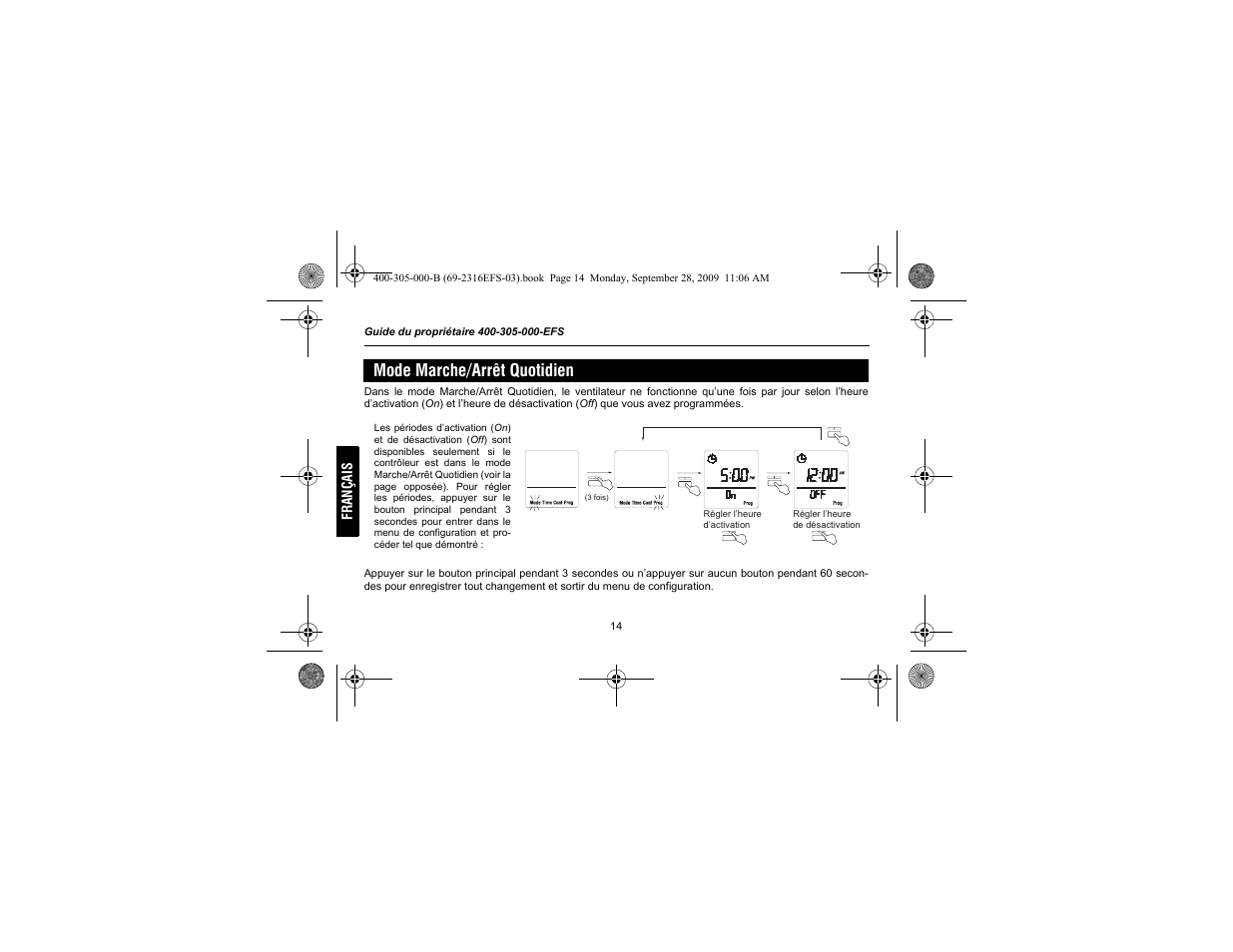 Mode marche/arrêt quotidien | Honeywell HVC0001 User Manual | Page 36 / 64