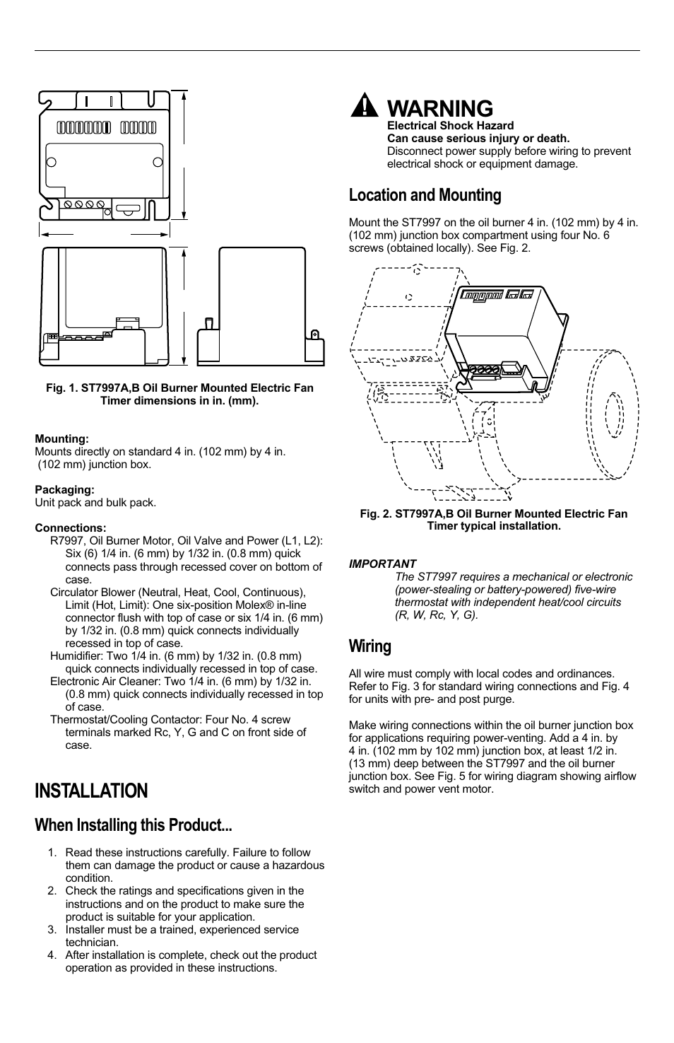 Warning, Installation, When installing this product | Location and mounting, Wiring | Honeywell ST7997 User Manual | Page 2 / 8