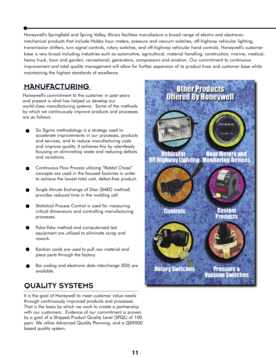 Manufacturing, Quality systems | Honeywell Switches User Manual | Page 11 / 12