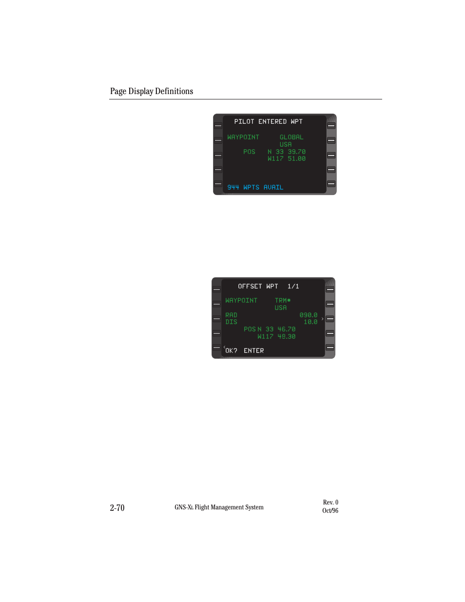 Offset waypoint, Page display definitions 2-70 | Honeywell GNS-XL User Manual | Page 101 / 353