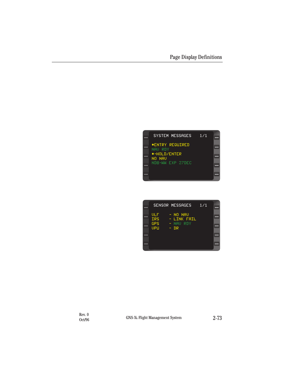 Obsolete waypoint, Messages (msg key), Page display definitions 2-73 | Honeywell GNS-XL User Manual | Page 104 / 353
