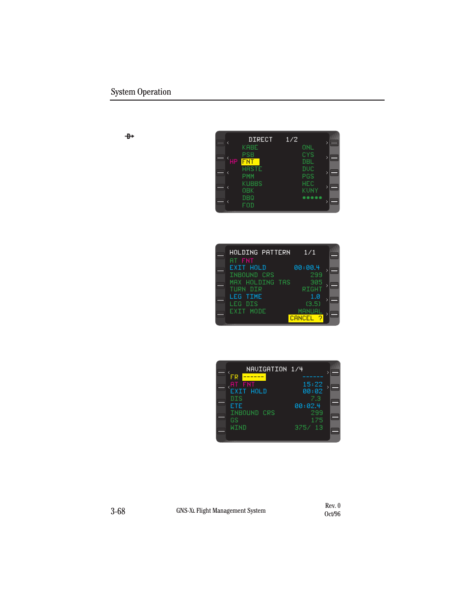 Exiting holding pattern by performing a leg change, System operation 3-68 | Honeywell GNS-XL User Manual | Page 186 / 353