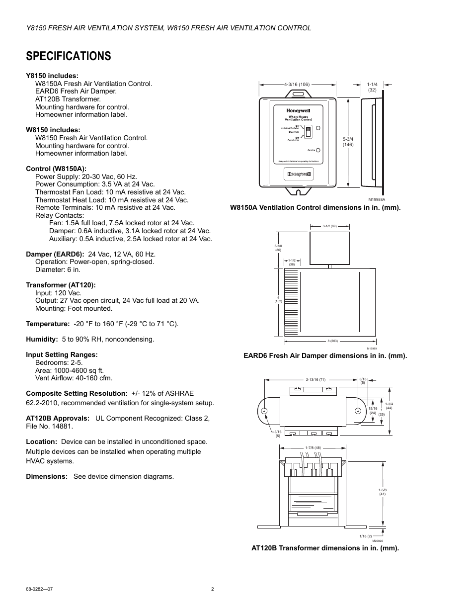 Specifications | Honeywell Y8150 User Manual | Page 2 / 12