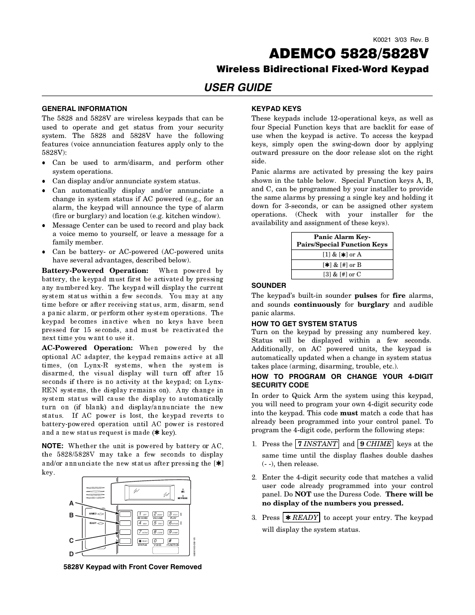 Honeywell ADEMCO 5828V User Manual | 2 pages