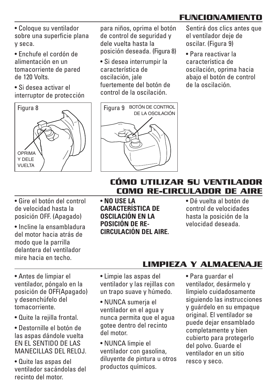 Funcionamiento, Limpieza y almacenaje | Honeywell HS-120C Series User Manual | Page 19 / 21