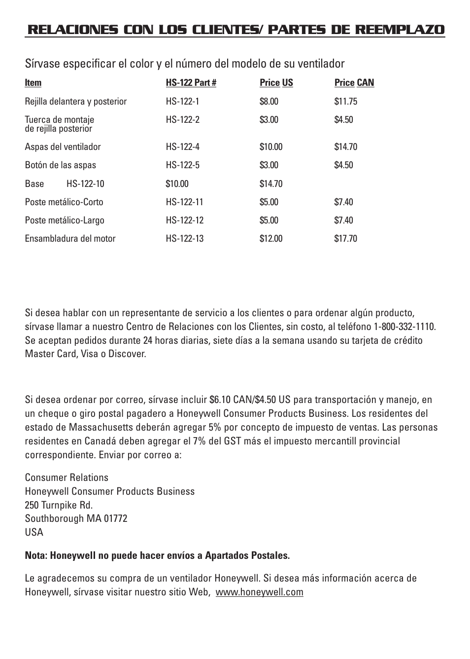 Relaciones con los clientes/ partes de reemplazo | Honeywell HS-120C Series User Manual | Page 20 / 21
