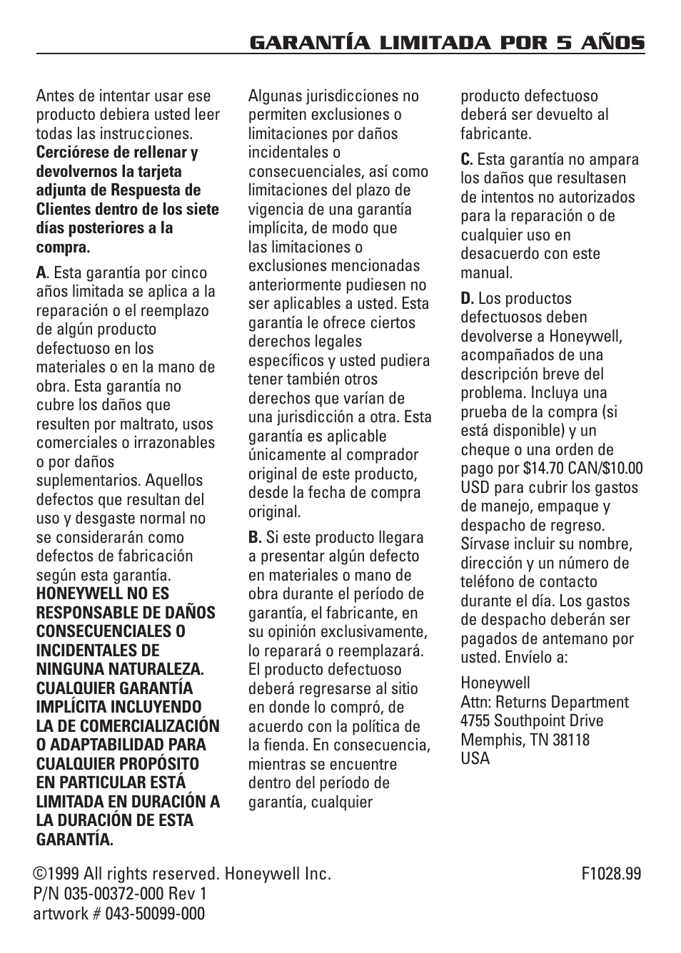 Garantía limitada por 5 años | Honeywell HS-120C Series User Manual | Page 21 / 21