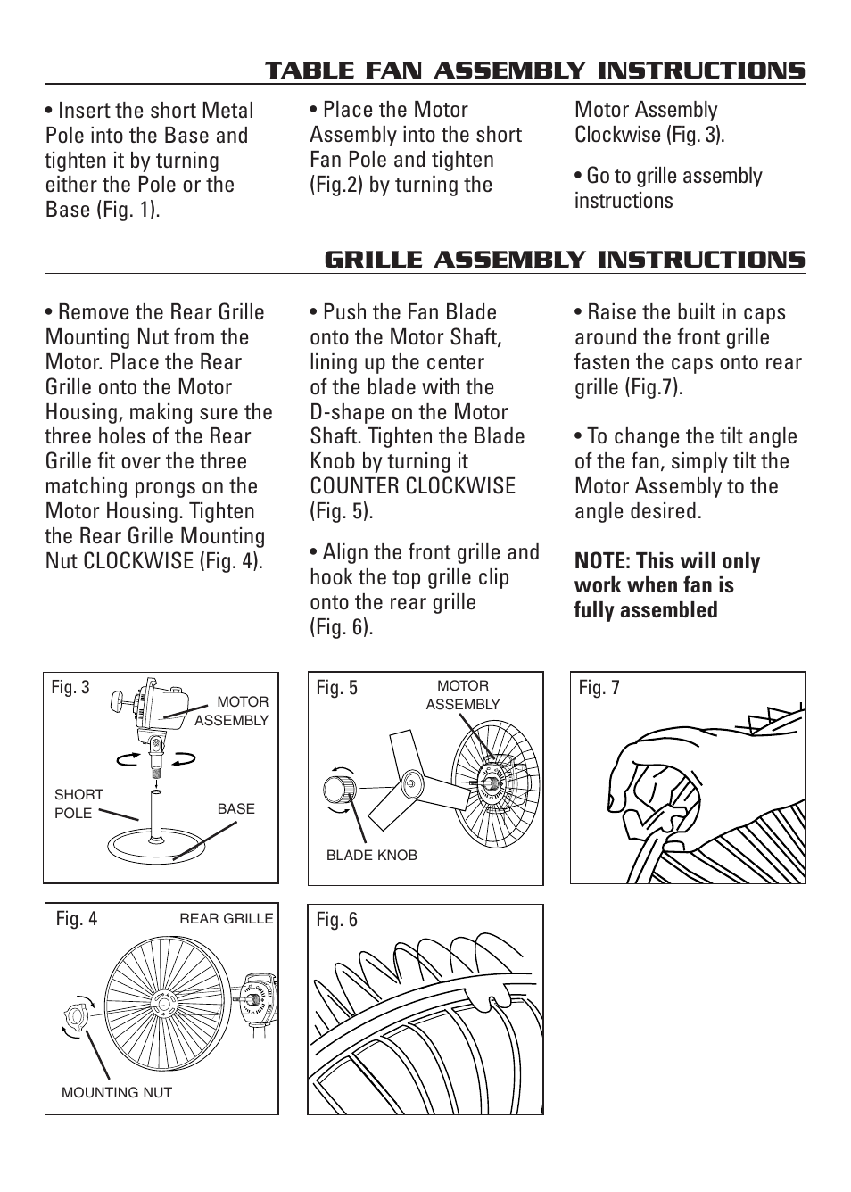 Grille assembly instructions, Table fan assembly instructions | Honeywell HS-120C Series User Manual | Page 4 / 21