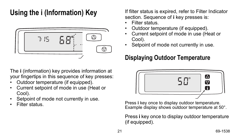 Using the i (information) key, Displaying outdoor temperature | Honeywell ENERGYPRO T8665D User Manual | Page 21 / 52