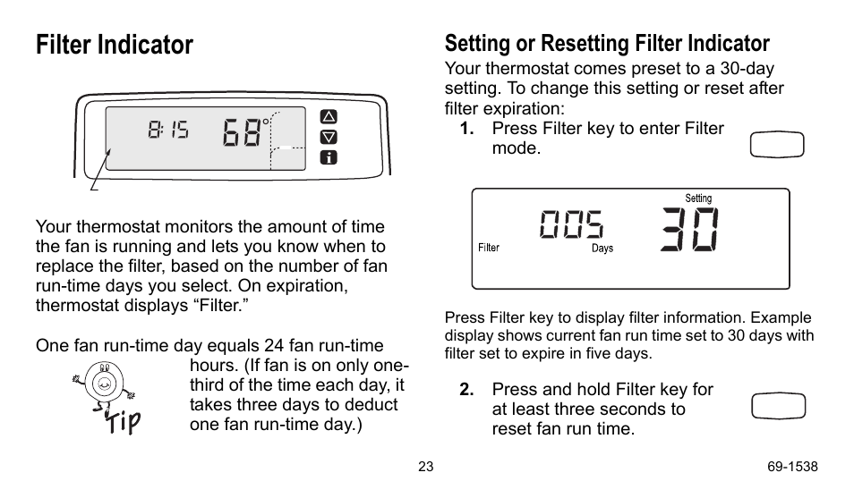 Filter indicator, Setting or resetting filter indicator | Honeywell ENERGYPRO T8665D User Manual | Page 23 / 52