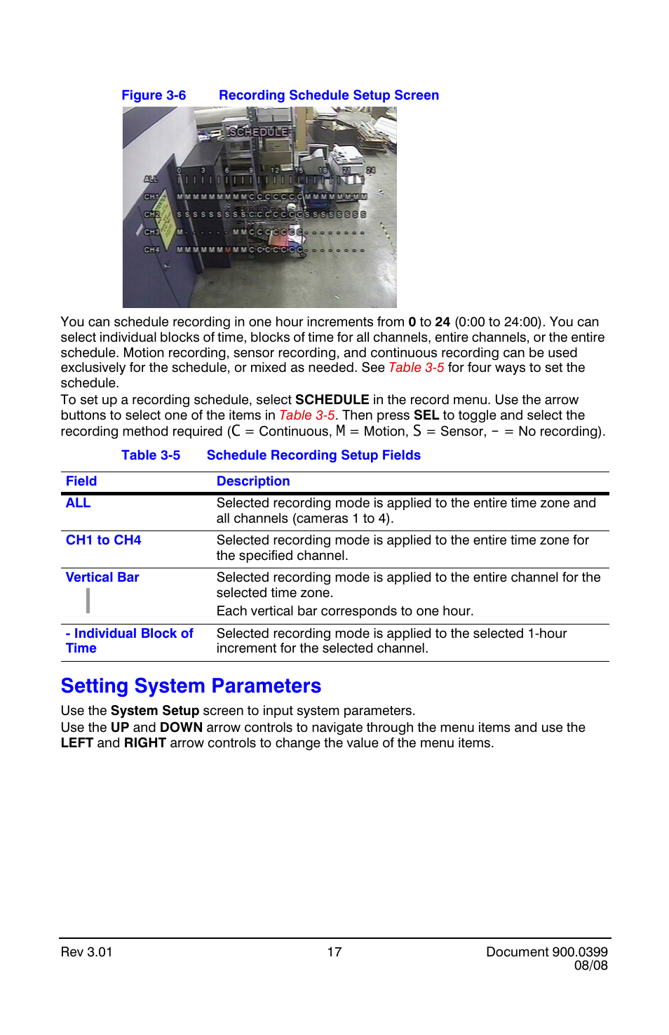 Setting system parameters, Recording schedule setup screen, Schedule recording setup fields | Setting system, Parameters | Honeywell HRDE4X4 User Manual | Page 27 / 80