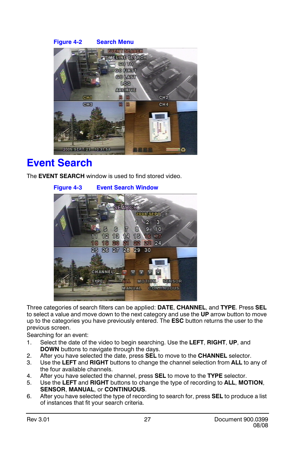Search menu, Event search window, Event search | Honeywell HRDE4X4 User Manual | Page 37 / 80