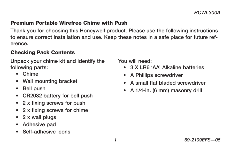 Honeywell RCWL300A User Manual | Page 3 / 48