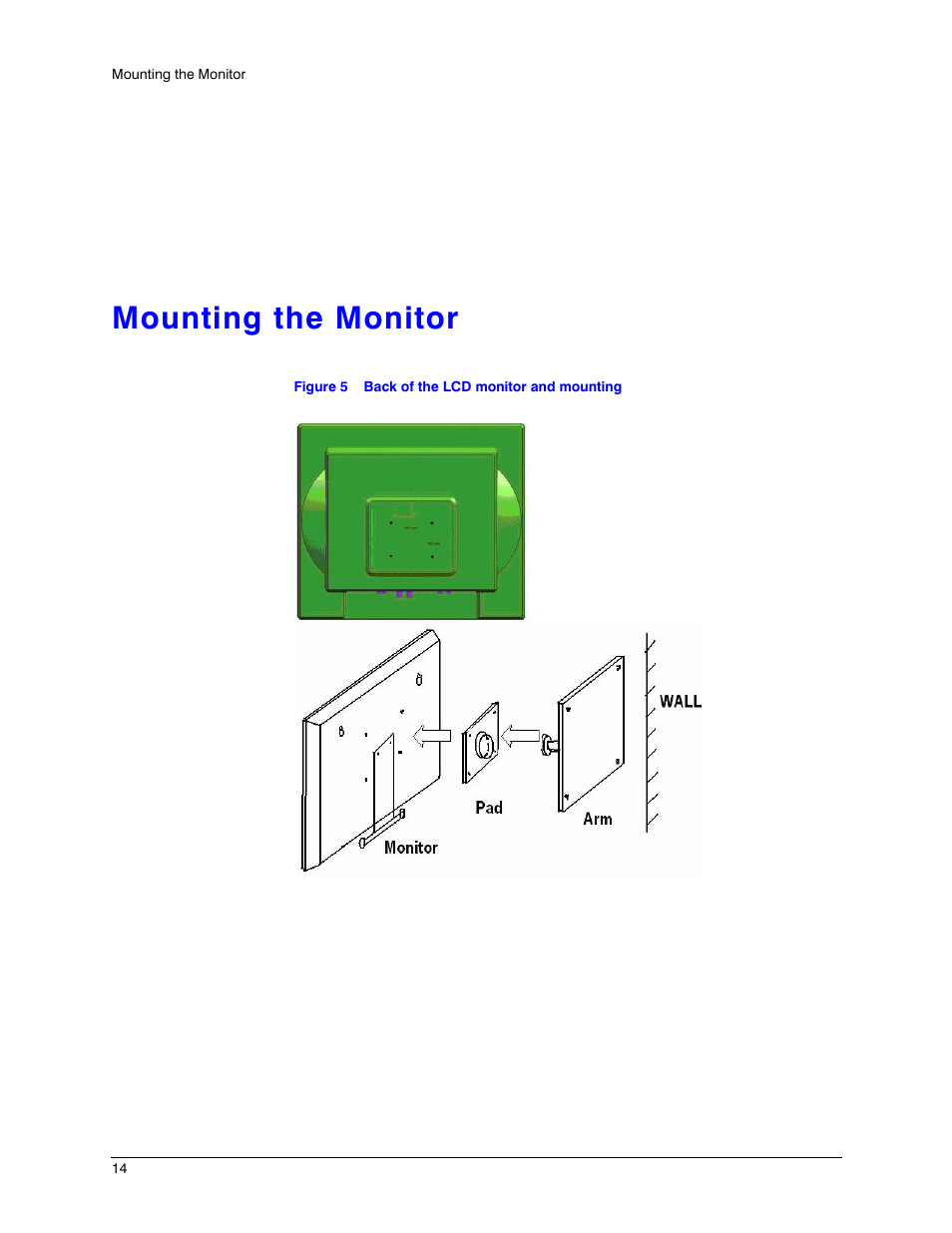 Mounting the monitor, Figure 5, Back of the lcd monitor and mounting | Honeywell HMLCD17e2 User Manual | Page 14 / 26