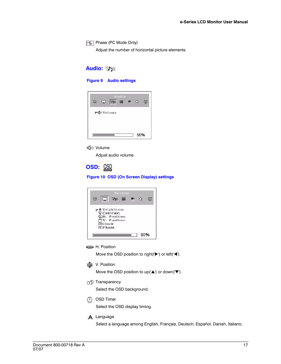 Audio, Figure 9, Audio settings | Figure 10, Osd (on screen display) settings | Honeywell HMLCD17e2 User Manual | Page 17 / 26